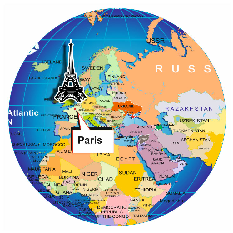 Paris globe, location of paris map