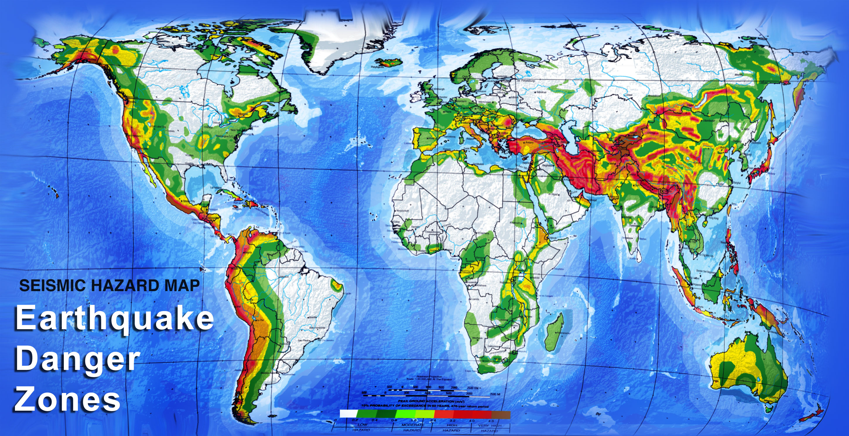 Earthquake danger zone, seismic hazard zones world map large size hd image