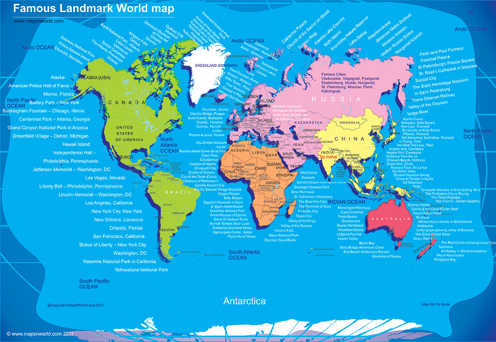 World travel map, world tour map, famous destinations of ...