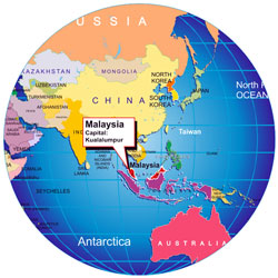 Where is Malyasia on the globe, location map of Malaysia