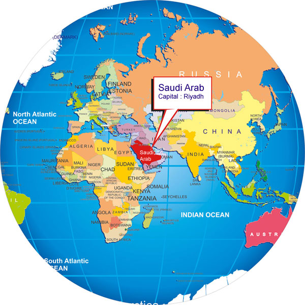 Saudi Arab on world globe location map